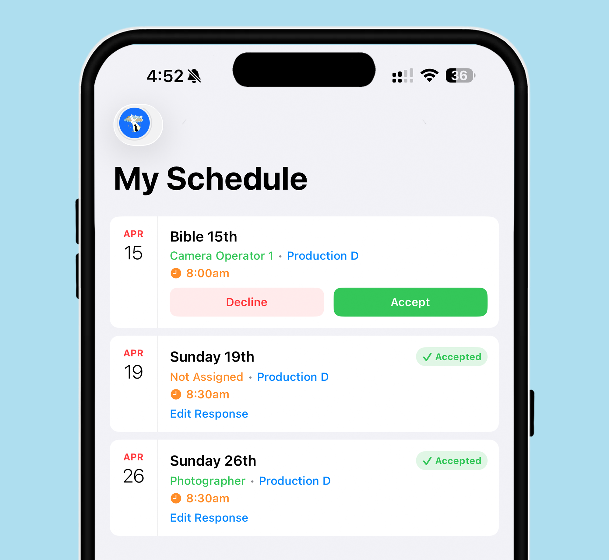 Volunteer Scheduling Interface on Mobile